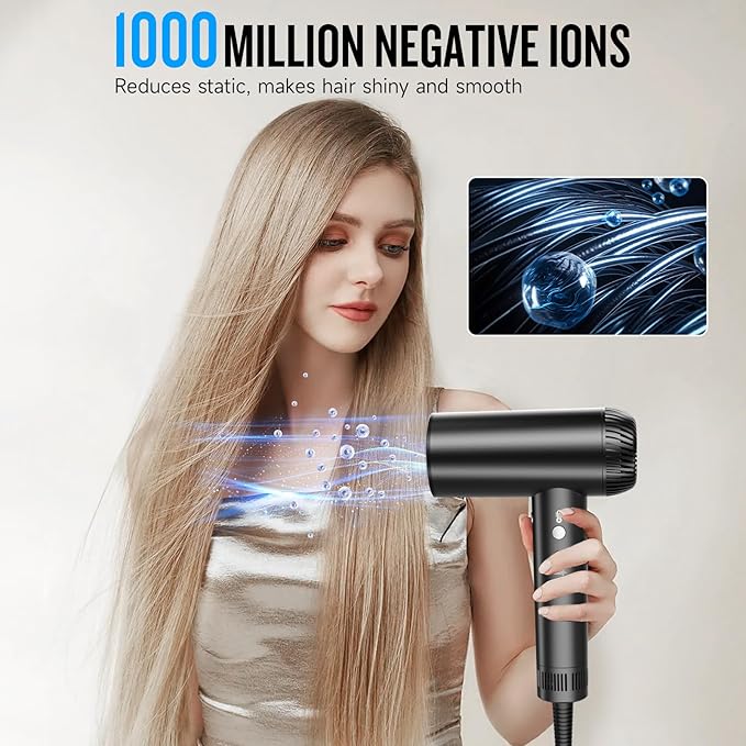 2025 Updated Hair Dryer, 200000 RPM High Speed Blow Dryer with Diffuser for Women, 1000 Million Ionic Hair Dryer with Brushless Motor, Low Noise Hair Blow Dryer for Curly Hair Dog Salon Travel, Black