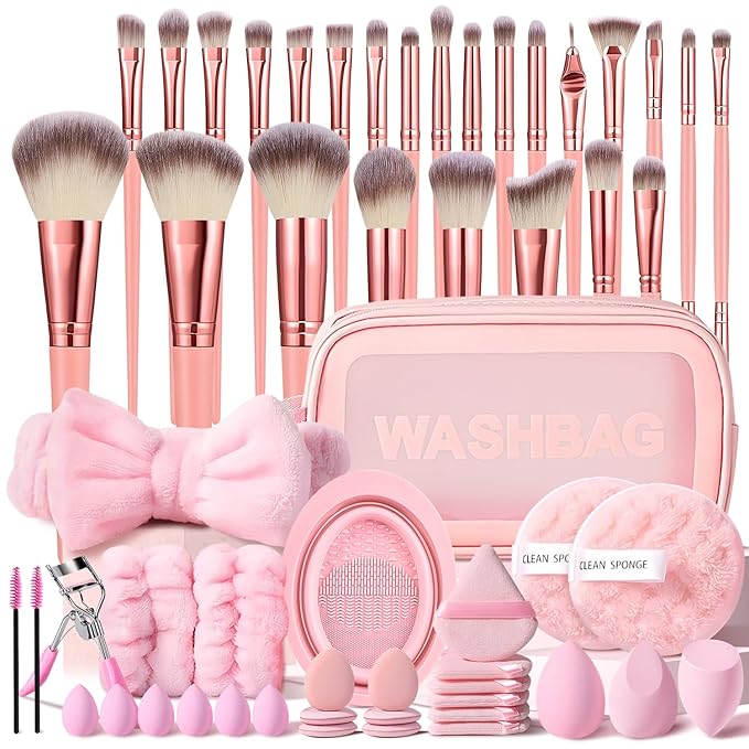 Pink Makeup Brushes Set Professional 56Pcs with Case Premium Synthetic for Foundation Concealer Blush Eyeshadow Powder Contour Makeup Brush Kit Face Eye Make up Brushes & Tools