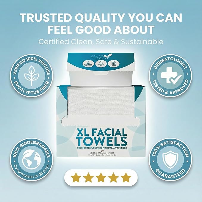 Disposable Face Towels XL 10x12-100% Viscose Eucalyptus Biodegradable Clean Facial Towels, 50 count - Ultra Soft & Lint-Free Towelettes for Acne-Prone & Sensitive Skin, Makeup Remover Dry Wipes