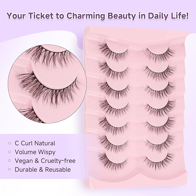 Natural Cat Eye Lashes - 14mm Wispy Eyelashes with Thin Band, 3D Volume, Soft Strip Lashes Pack C Curl - 7 Pair