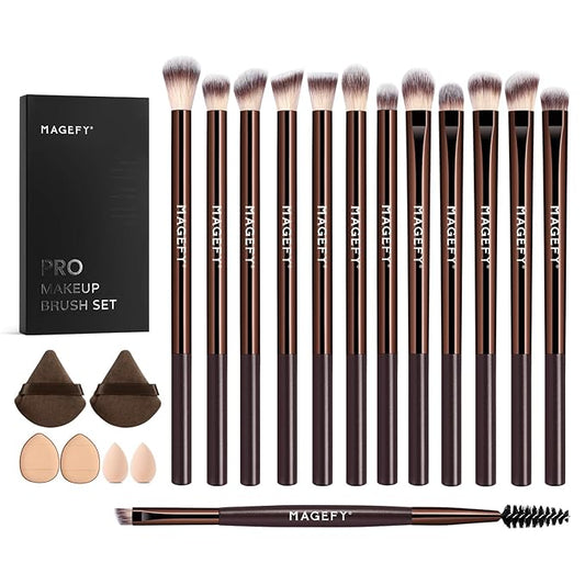 MAGEFY 20 Pcs Makeup Tool Set,13 Eye Makeup Brushes Professional Eyeshadow Makeup Brushes Set for Eyeshadow, Eyebrow, Eyeliner, Blending Concealer-Coffee Brown