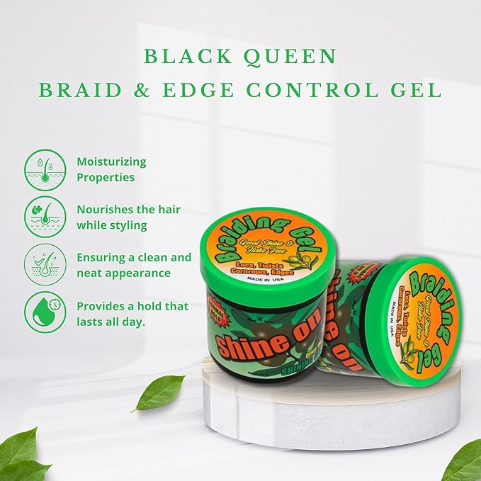 Black Queen Olive Oil Extreme Hold Braid Gel – Perfect Grip for 4C Hair, Braids, Twists, Locs & Edges – Flake-Free, Unscented, Made in USA – 5.6 oz Bonus Size (25% More)