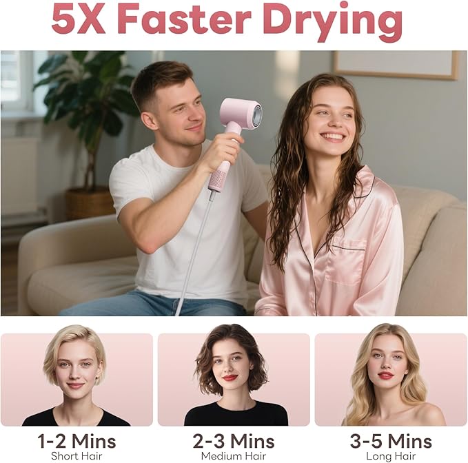 Hair Dryer, High-Speed Ionic Low Noise Blow Dryer with Brushless Motor for Fast Drying, Thermo-Control Quiet Compact Pink Hair Blow Dryers with Magnetic Diffuser for Curly Hair for Home Travel Salon