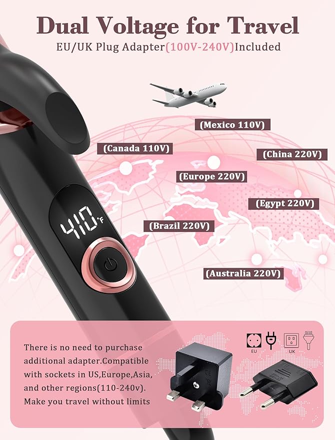Travel Curling Iron 1 Inch, Dual Voltage Curling Iron 110-240V with European Plug,Small Curling Wand for Women & Short Hair, 5 Temp Digital Settings, Auto-Off, Anti-Scald Cover,Heat-Resistant pad