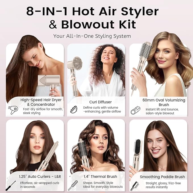 8 in 1 High-Speed Hair Styler & Hair Dryer Brush Set – 110,000 RPM Ionic Hot Air Styler with Auto Air-Wrap Curlers, Diffuser, Volumizer & Thermal Brush for Fast Drying & Frizz-Free Shine