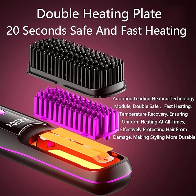 Go Brush Pro Hair Straightener – Cordless Comb with Negative Ion, 7400mAh Fast Heating & Portable Travel Design, Rechargeable Brush for Straightening and Curling (Red-1Pcs)