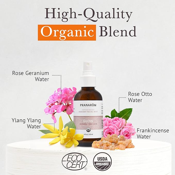 Pranarom Facial Mist (4oz / 120ml) - 100% Pure & Natural Essential Oil Facial Mist for Dry Skin Hydration & Toning (Glow (Dry Skin))