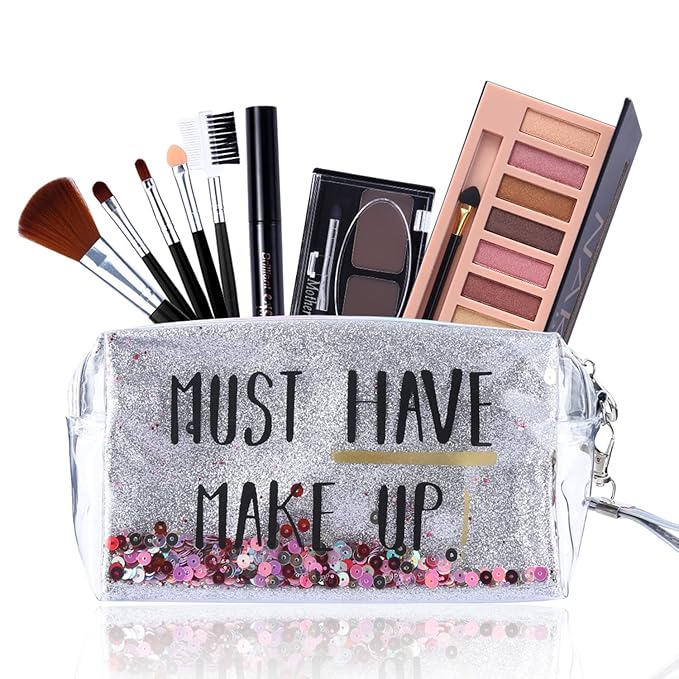 All in One Makeup Kit,12 Colors Nude Shimmer Eyeshadow Palette, Waterproof Black Eyeliner Pencil, Duo Pressed Eyebrow Powder Kit, 5 Brushes With Quicksand Cosmetic Bag Gift Set
