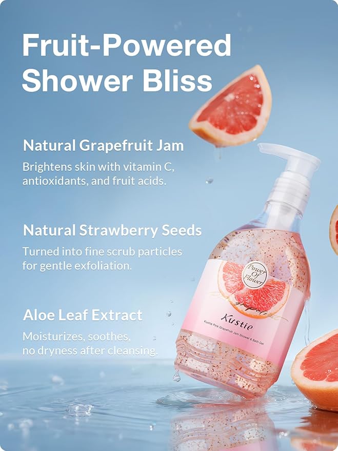 Kustie Grapefruit Jam Body Wash, Exfoliating Shower Gel with Strawberry Seeds, Grapefruit Extract & Squalane – Refreshing, Brightening & Nourishing Cleanser for Dry & Sensitive Skin, 19.6 fl oz