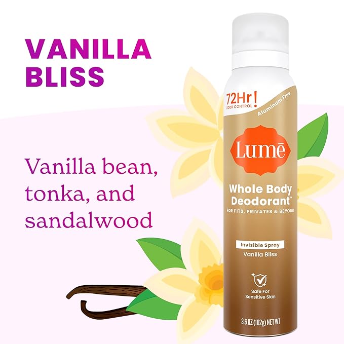 Lume Invisible Spray Deodorant For Women - Whole Body Deodorant Spray - 72 Hr Odor Control - Ozone Friendly, Natural Propellant - Aluminum & Baking Soda Free, Skin Loving - 3.6 oz, 2pk (Vanilla Bliss)