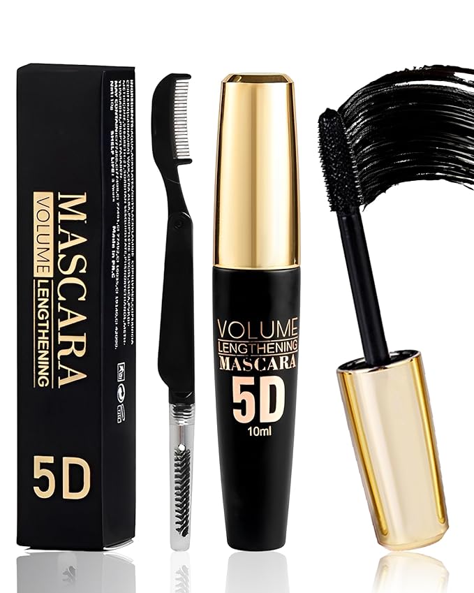 Black Waterproof Mascara for Eyelash, 5D Silk Fiber Lashes Extension Colored Tube Mascaras with Eyelash Brush, Long Lasting Curling Mascara Volume and Length, Eye Makeup Gift for Women