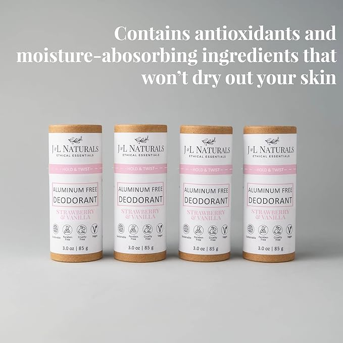 J&L Naturals Aluminum Free Deodorant for Men & Women | 100% Natural Ingredients With Coconut Oil, Shea Butter, & Essential Oils | Sustainable, Eco-Friendly (Strawberry & Vanilla, 3.0 Oz (Pack of 4))