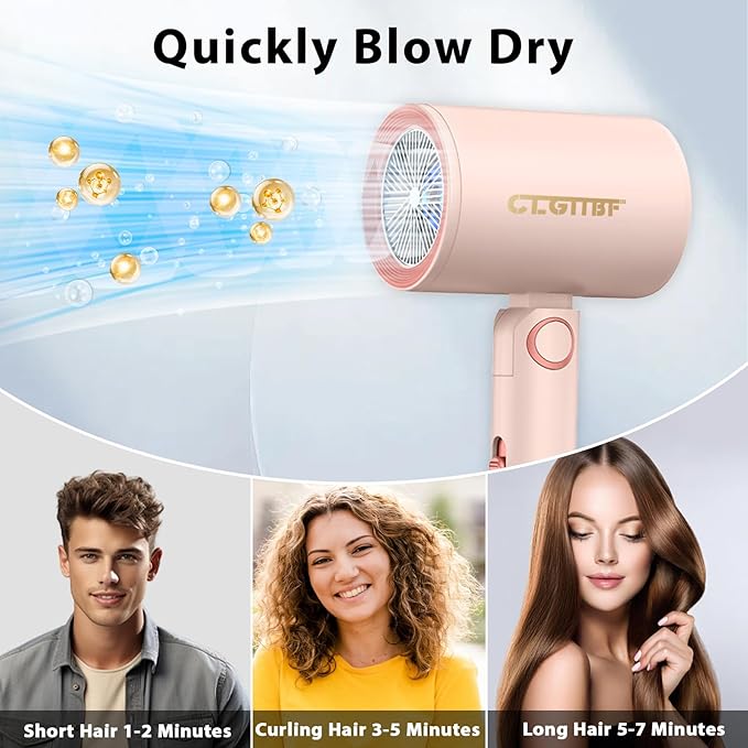 Portable Hair Blow Dryer with Nozzle, Strong Power and Double Blue Light, Making Hair Dry Fast and Comfortable Unconsciously, Suitable for Home, Travel, Salon (Blue)