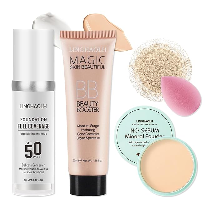 Color Changing Liquid Foundation & Full Coverage Concealer Foundation Face Primer Base Makeup Set,Moisturizing BB Cream & Loose Setting Face Powder with Makeup Sponge