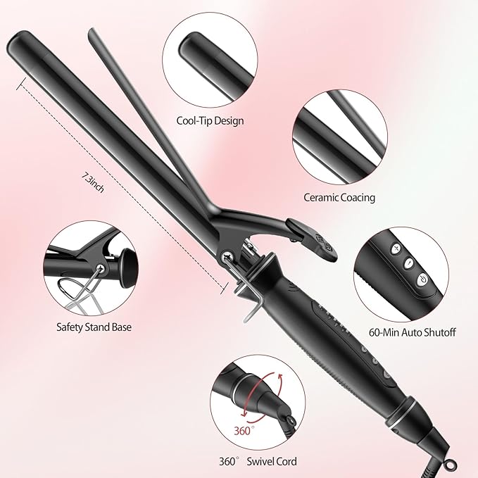 1 Inch Extra Long Barrel Curling Iron, Tourmaline Ceramic Curling Iron with Auto Shut-Off, Dual Voltage 110-240V Hair Curler Suitable for Travel, Including Glove