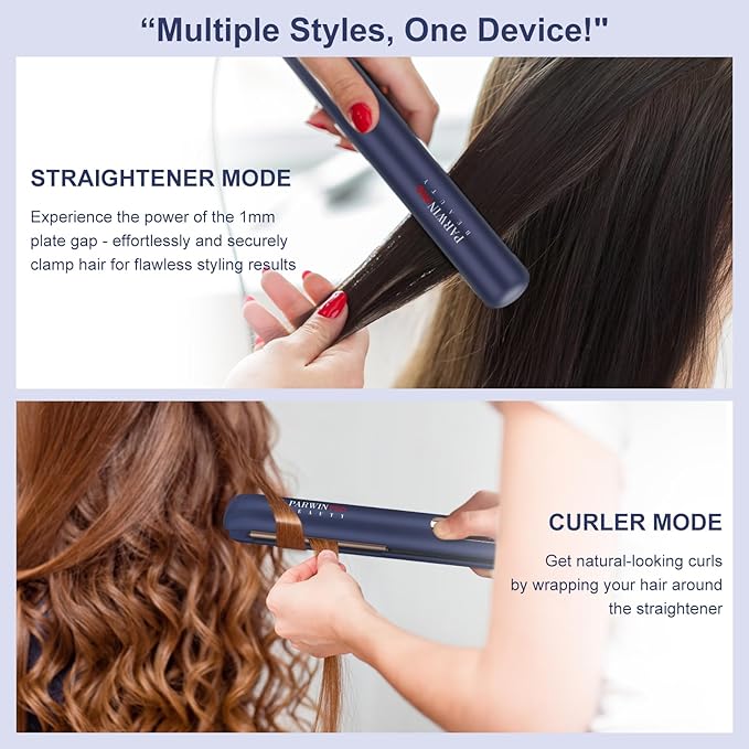 Hair Straightener and Curler, PARWIN PRO BEAUTY 1'' Flat Iron, 1.25'' Curling Iron Hair Straightener Brush with Detachable Power Cord, LED Temp Control Instant Heat Up for Gift Travel, Prussian Blue