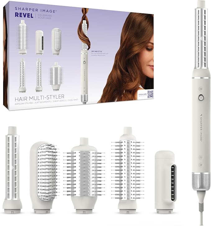 Sharper Image Revel 6-in-1 Airflow Hair Styler – Ionic Multi-Styler with Curling Wand, Detangler, Volumizing & Smoothing Brushes| Air Wrapping Styling Tool| Hot Brush| Straight & Curly Hair Product