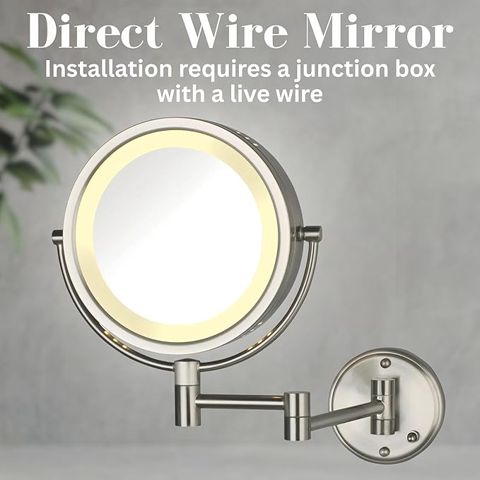 JERDON Wall-Mounted Makeup Mirror with LED Lighting - Direct Wire Lighted Makeup Mirror with 8X Magnification & Nickel Finish Wall Mount - Model HL75ND