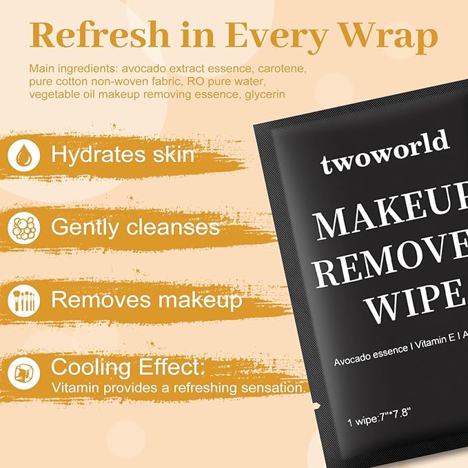 Makeup Remover Wipes Bulk Individually Wrapped,Travel Makeup Wipes Gentle for Face Cleansing Mascara Lipstick Travel Hotel（black,pack of 50)