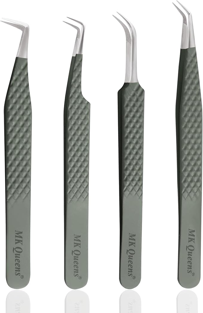 Fiber Tip Lash Tweezers For Eyelash Extension Tweezers Professional Eyelash Extension Tweezer - Set of 4 Pcs Diamond Grip Stainless Steel Fiber Tweezer (4, Green)