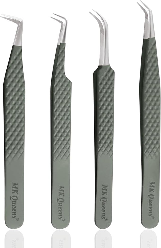 Fiber Tip Lash Tweezers For Eyelash Extension Tweezers Professional Eyelash Extension Tweezer - Set of 4 Pcs Diamond Grip Stainless Steel Fiber Tweezer (4, Green)