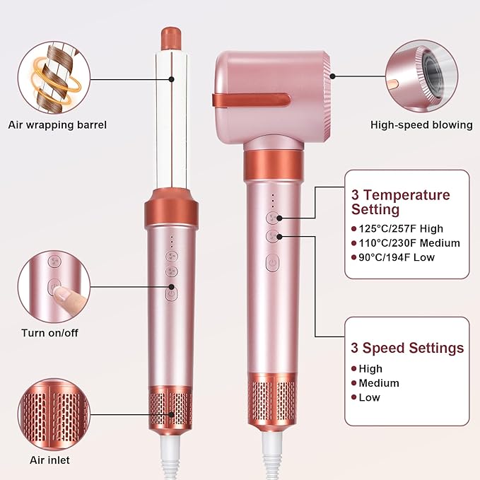 Hot Air Brush Blow Dryer, 7-in-1 Styler Curling Wrap&Hair Dryer - 110,000 RPM Negative Ion, 3 Temp Settings for Straightening/Curls/Drying/Smoothing-Hair Styling Tool