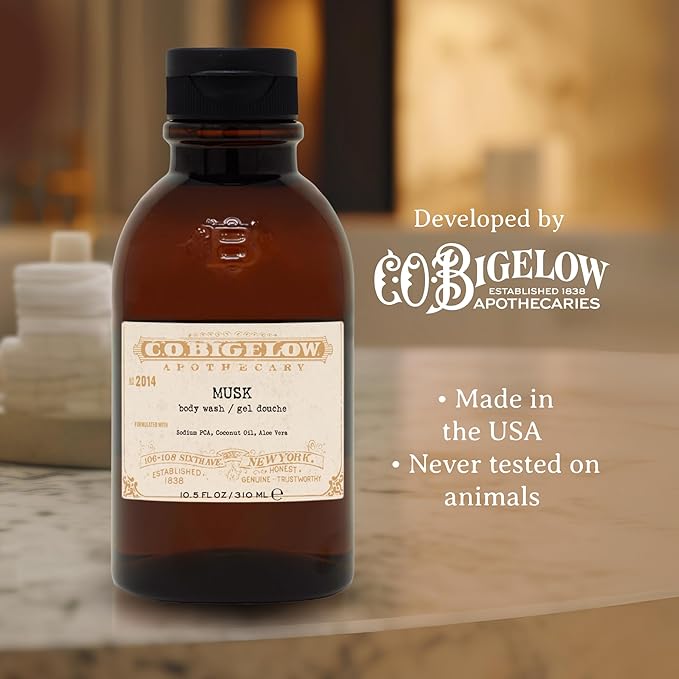 C.O. Bigelow Musk Body Wash, Iconic Collection Moisturizing Body Wash with Coconut Oil & Aloe Vera, 10.5 Fl Oz