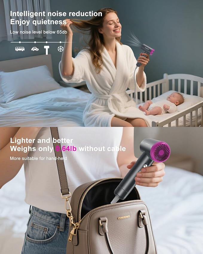 Hair Dryer, TAGBUIO 110,000 RPM High-Speed Hair Dryer for Fast Drying, Thermo-Control Negative Ionic Care, Compact Travel Blow Dryers Magnetic Nozzle, Low Noise Portable Blow Dryers for Home Purple