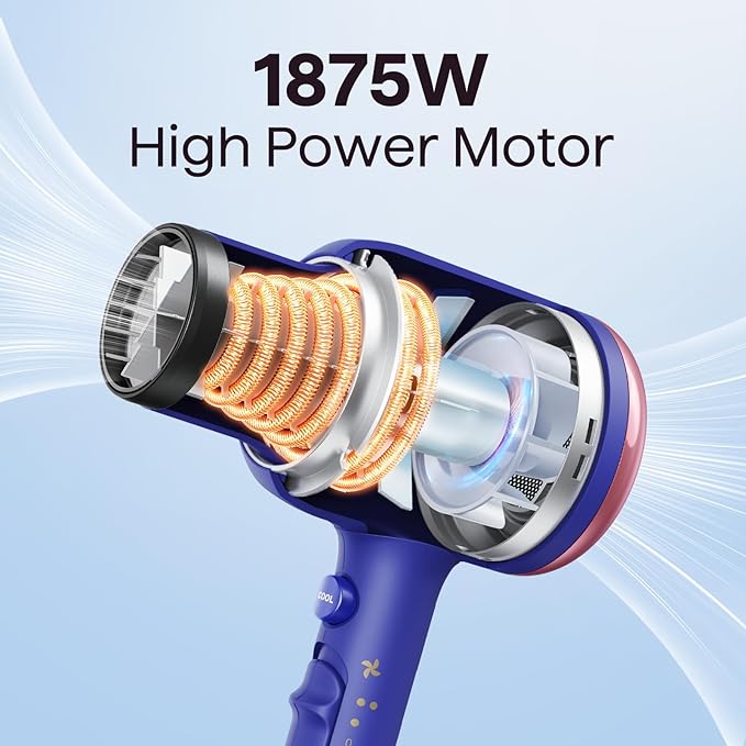 Wavytalk Hair Dryer with Diffuser, Blown Away Ionic Hair Dryer for Curly Hair, 1875W Fast Drying Blow Dryer with Ceramic Technology, 3 Attachments for All Hair Types, Light and Quiet, Sapphire Blue