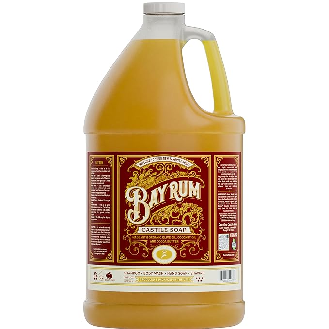 Carolina Castile Soap Bay Rum Scent – Certified Organic Base, High Olive Oil Content, Non-Drying, Made with Organic Oils, Concentrated Natural Body Wash for Men and Women (Bay Rum, 1 Gallon)