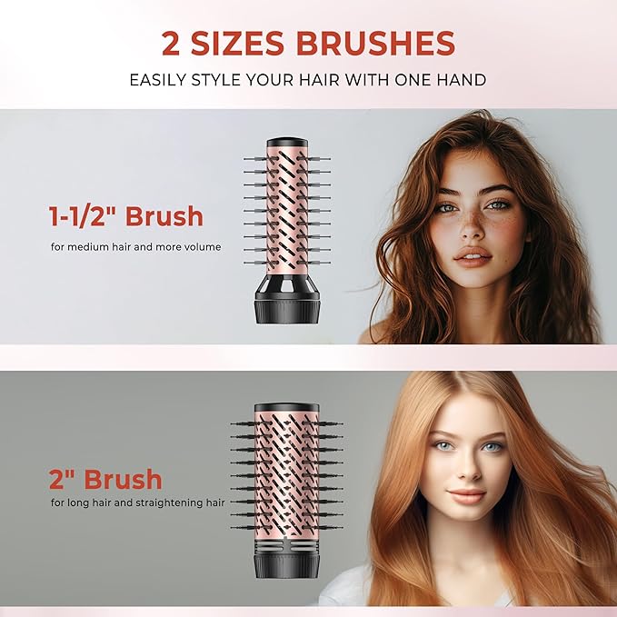 Rotating Hair Dryer Brush, 4 in 1 Round Hot Air Spin Brush Set, Volumizer Blow Dryer Brush with 2 Brushes (2" & 1.5"), Straightener and Concentrator (Rose-Gold)