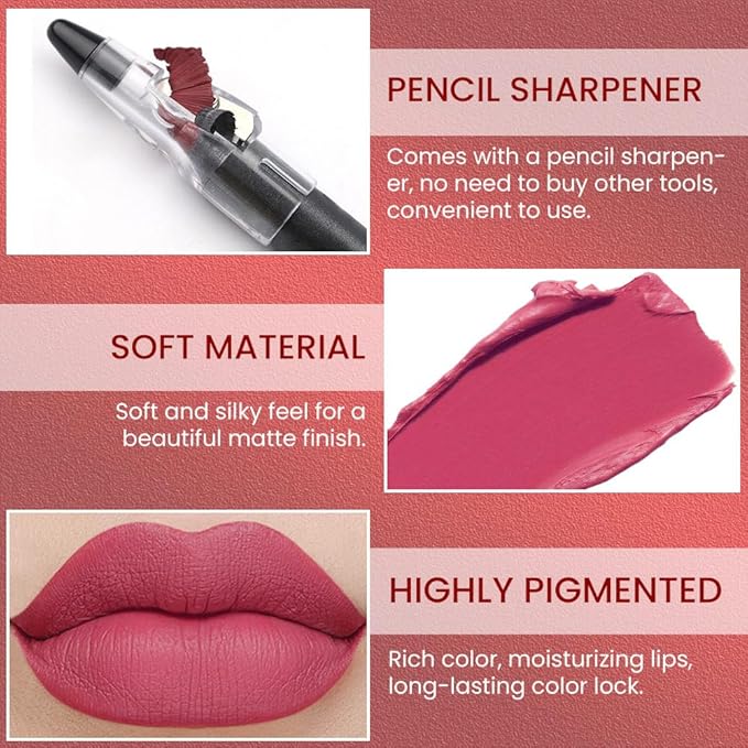Captivating Red Crayon Matte Lipstick Lip Liner Pencil, Moisture Smooth Lipstick Penil, With Pencil Sharpener Sharpenable Lip Pen Ultimate Lip Crayon for Women Easy to Apply Waterproof 19#