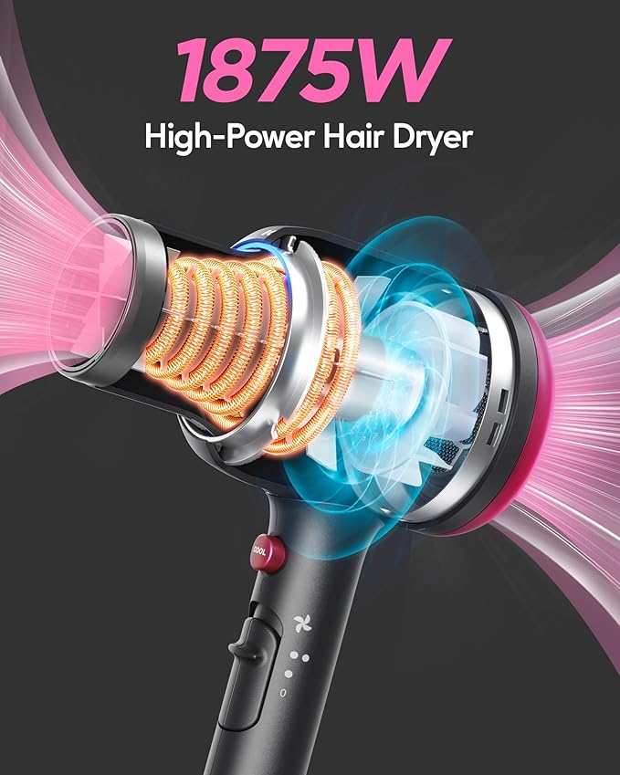 Wavytalk Hair Dryer with Diffuser, Blown Away Ionic Hair Dryer with 4 Attachments for All Hair Types, 1875W Blow Dryer with Ceramic Technology, Gift Packaging, Light and Quiet, Black