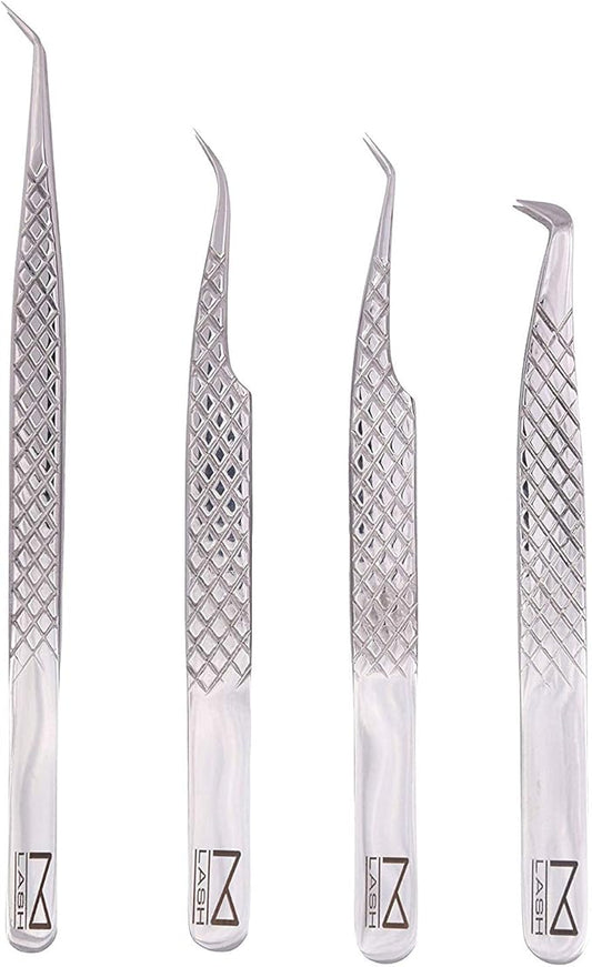 M LASH Tweezers for Eyelash Extensions (Set of 4) - Professional Lash Extension Tweezers - Fiber Tip, Japanese Steel, Diamond Grip Eyelash Extension Tweezer (Silver)