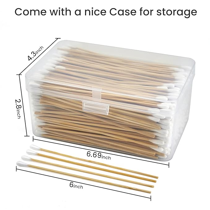 500PCS 6" Long Cotton Swabs in Storage Box - Strong Cotton Swabs with Wooden Sticks - Tipped Applicators for Gun Cleaning, Makeup Removing, Pet Care