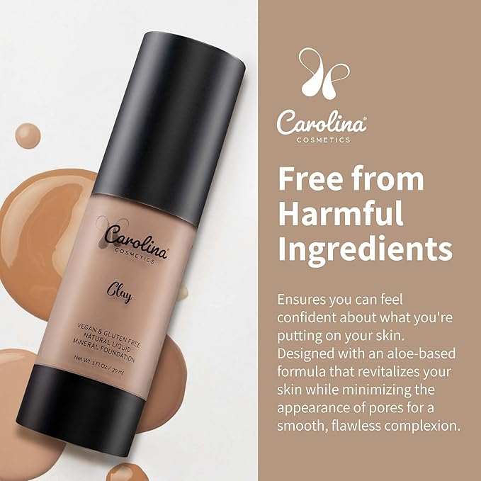 Plant-Based Foundation in Clay Shade - Hydrating, Pore-Minimizing & Buildable Coverage - Vegan, Non-GMO, Gluten-Free, Paraben-Free - Sun Protection - 1Fl Oz