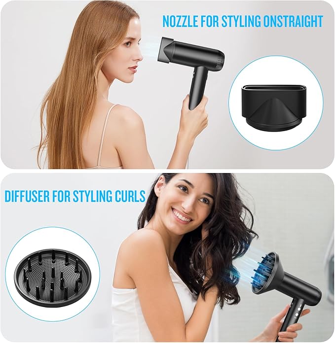2025 Updated Hair Dryer, 200000 RPM High Speed Blow Dryer with Diffuser for Women, 1000 Million Ionic Hair Dryer with Brushless Motor, Low Noise Hair Blow Dryer for Curly Hair Dog Salon Travel, Black