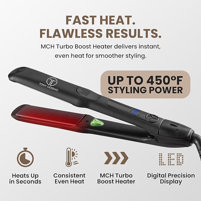 Black Germanium Flat Iron Hair Straightener – 1.25″ Floating Plates, Ionic Fast-Heat MCH, Digital 180–450°F, Frizz Control, 60-Min Auto Shutoff, 8.5-ft Swivel Cord, Salon Professional