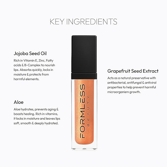 Formless Beauty | Majestic Peach Lip Gloss by Jenny McCarthy | Peach Gloss Infused with Gold Glitter | Vegan Hydrating Formula | Non-Sticky Aloe & Jojoba Infused | Paraben&Cruelty Free | Lip Enhancer