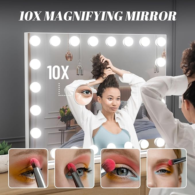 Vanity Mirror with Lights, 32"x 24" Large Hollywood Vanity Mirror with Detachable 10X Magnification & 24 Dimmable 3 Colors Modes LED Bulbs, Tabletop or Wall Mounted,White