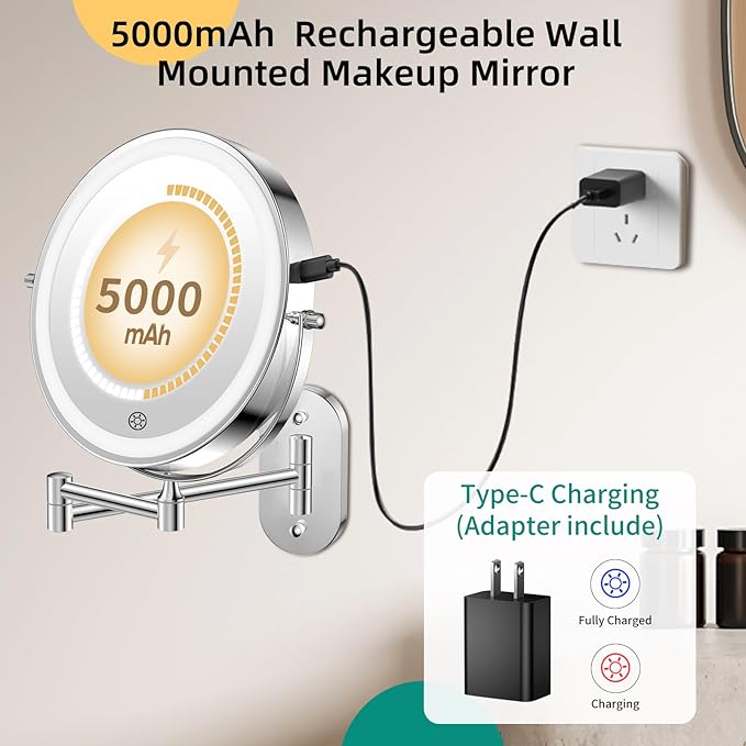FUNTOUCH 5000mAh Rechargeable Wall Mounted Makeup Mirror with Lights,Double Sided 1X/30X Magnifying,3 Color Lights,Touch Dimmable, Extended Arm 360 Rotation Lighted Bathroom Mirror with Magnification