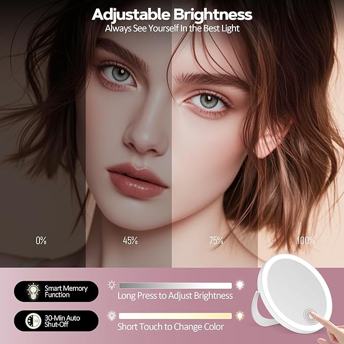 30X Magnifying Mirror Suction Cup, 6" Makeup Mirror with Lights, Rechargeable Travel Mirror with 3 Color Dimmable Lights for Precision Makeup, Fits Bathroom/Wall Suction/Hanging, White