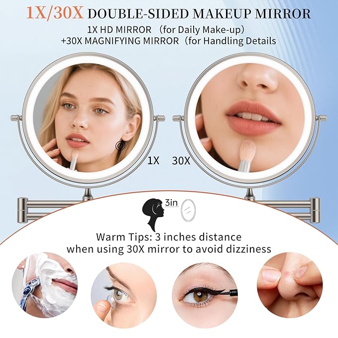 FUNTOUCH 10" 30X/1X Magnifying Wall Mounted Lighted Makeup Mirror, 4500mAh Rechargeable Double Sided Mirror, 3 Color Lights,Touch Dimmable, 360 Rotation Extended Arm with Adapter,Brush Nickel