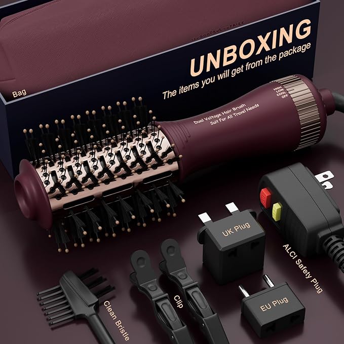 Travel Dual Voltage Hair Dryer Brush 4-in-1 Portable Mini Hot Air Blow Dryer Straightener & Curler Brush, Automático Doble Voltaje Cepillo Secador De Cabello 110~240V US/EU/UK -Blackcurrant Rose Gold