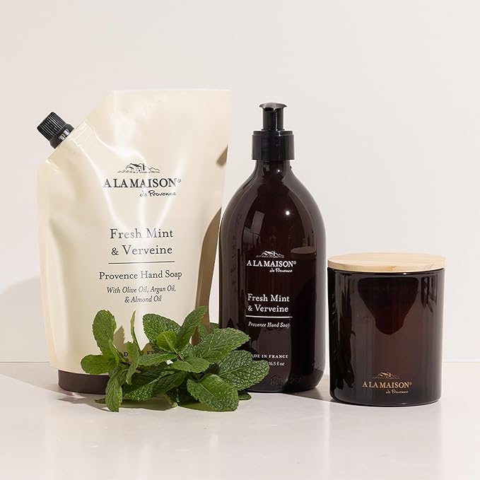 A LA MAISON Hand Soap Refill Pouch – Fresh Mint & Verveine – Liquid Hand Wash Refill, Eco-Friendly & Recyclable – Plant-Based, Biodegradable, Made in France – 16.9 fl oz – Amber Collection