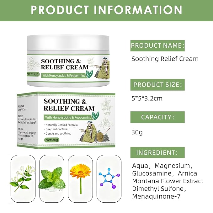 Soothing Relief Cream with Honeysuckle & Calendula, Cooling Anti Itch for Sensitive Skin,Moisturizing Cream for Various Parts of the Body, Fast-Absorbing & Non-Greasy Formula