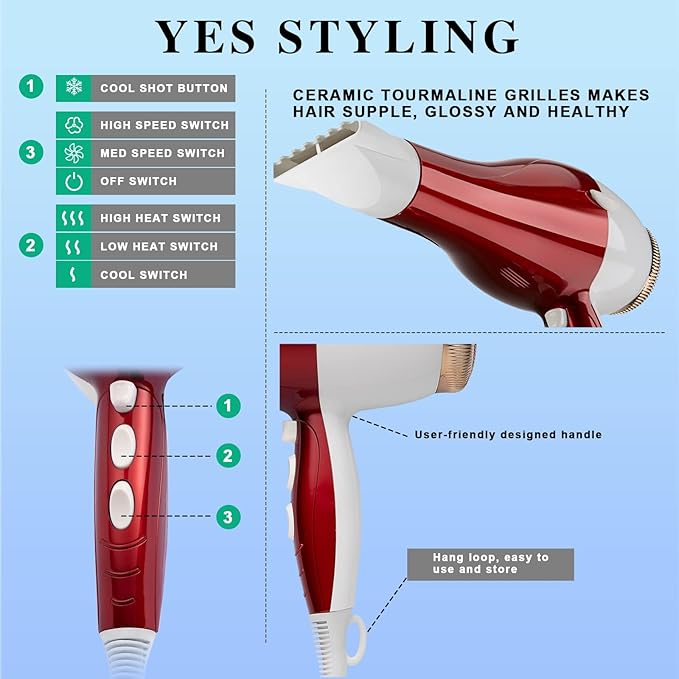 Professional Salon Hair Dryer, 1875W Blow Dryer, 2 Concentrator Nozzles, 3 Heat Settings, 2 Speed Slide Switch, Cool Shot Button, Fast Drying for Family, Low Noise (Red and White)