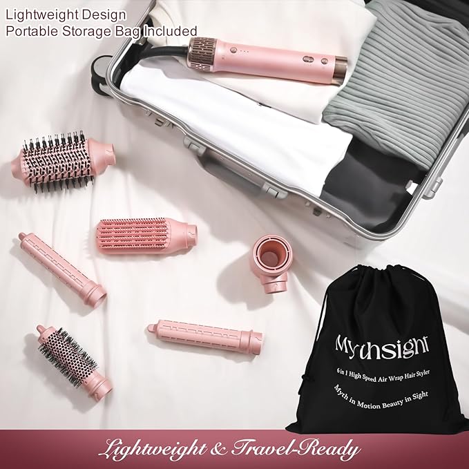 6‑in‑1 Air Wrap Styler, Hair Dryer Brush & Thermal Brush – Fast Dry, Smooth & Shiny Blowouts, Volumizing, Auto Curl L/R, Frizz‑Free No Heat Damage, Includes Travel Bag & Heat‑Resistant Glove