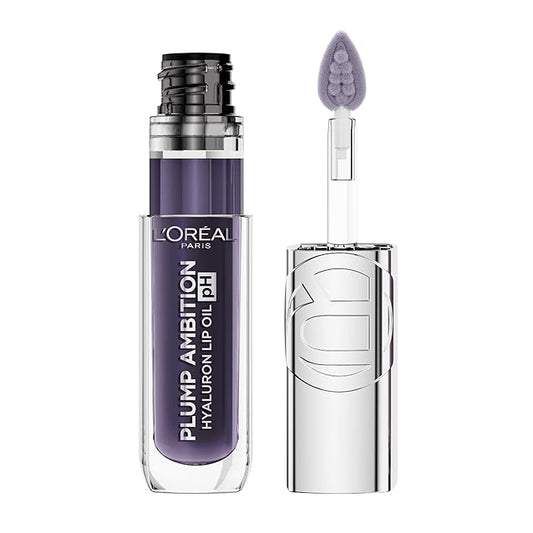 L'Oreal Paris Plump Ambition pH Hyaluron Lip Oil, Color Shifting Lip Tint with 24HR Hydration, Volumizing Shine and Lasting Color, 090 pH Berry Noir