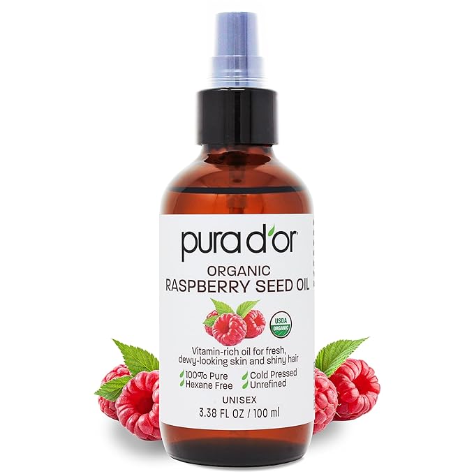 PURA D'OR 3.38 Oz ORGANIC Raspberry Seed Oil - 100% Pure USDA Certified, Cold Pressed Unrefined, Hexane-Free, Premium Grade - Sun Protection For Skin, Body & Hair